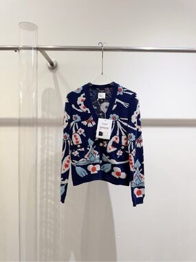 CHANEL Navy Floral Knit Cardigan with White, Light Blue & Red Accents